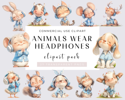 Watercolor Animals wear headphones Clipart, PNG Animals Clipart, Cute Baby Animals Bundle, Nursery Animals, Commercial Use