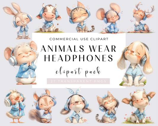 Watercolor Animals wear headphones Clipart, PNG Animals Clipart, Cute Baby Animals Bundle, Nursery Animals, Commercial Use