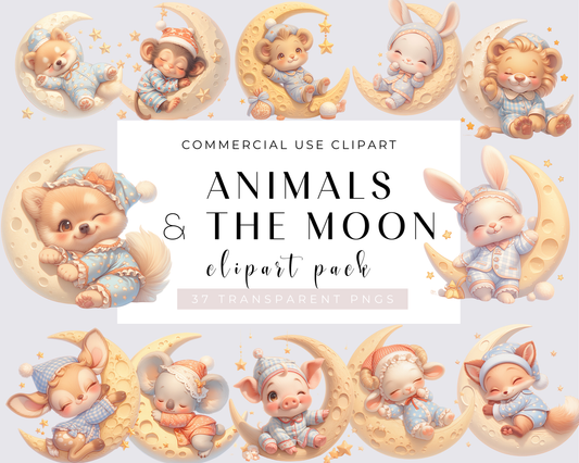 Watercolor Sleeping Animals Clipart, 37 PNG Animals and the Moon Clipart, Cute Baby Animals Bundle, Nursery Animals, Commercial Use