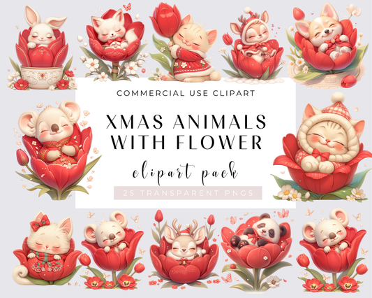 Christmas Animals with flower Clipart, 25 PNG Clipart Bundle Whimsical Animal, Quirky Animals, Christmas graphics, Commercial use, Download