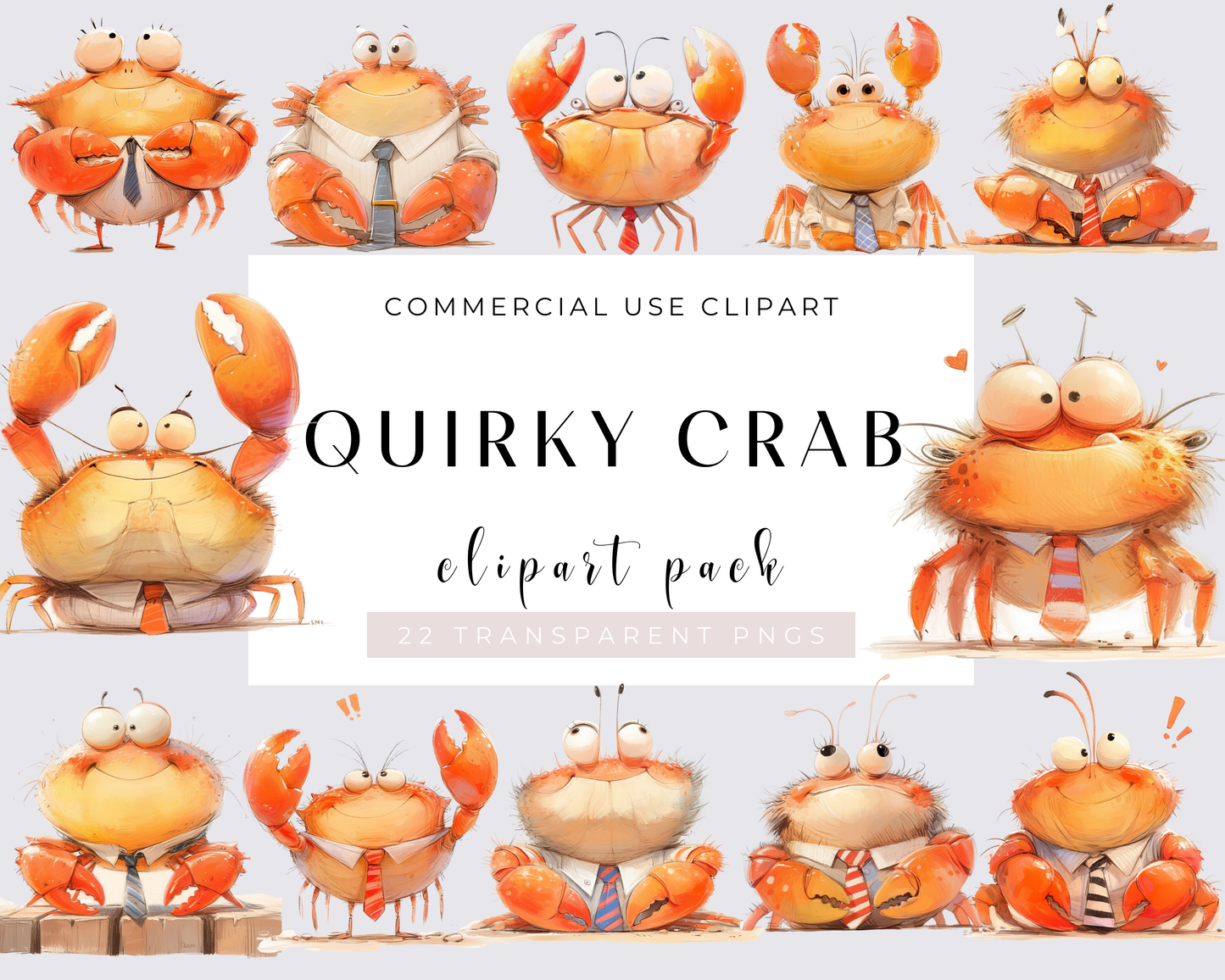 22 Quirky Crab Clipart Bundle, Watercolor Crab, Funny Crab, Silly Crab, Quirky Animals, PNG, Card Making, Wall Art