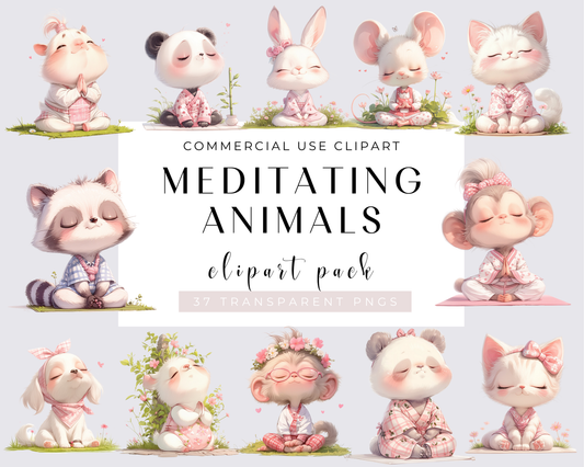 Watercolor Meditating Animals Clipart, 37 PNG Animals Clipart, Cute Baby Animals Bundle, Nursery Animals, Commercial Use