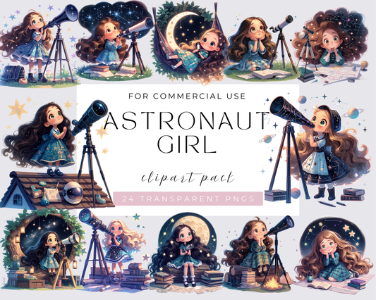 24 Quirky Astronaut Girl Clipart, Commercial Use, Whimsical, Watercolor PNGs, Instant Download, Animals, Cute Girl