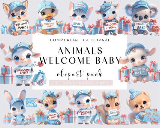 Watercolor Animals welcome Baby Clipart, 17 PNG Animals Clipart, Cute Baby Animals Bundle, Nursery Animals, Commercial Use