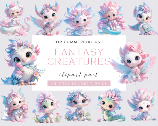 Fantasy Creatures clipart Bundle, 42 PNGs Animals Clipart, Cute Animals, Animals illustration, Quirky Animals clipart, Commercial