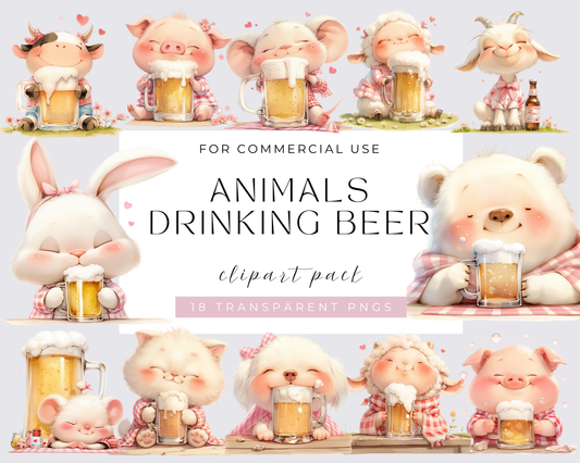 Watercolor Animals drinking beer Clipart, 18 PNG Animals Clipart, Cute Baby Animals Bundle, Nursery Animals, Commercial Use