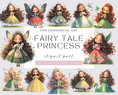 Fairy tale Princess Clipart Bundle, Watercolor Princess PNG, Fairy Clipart, Princess Clipart, Once upon a time Clipart