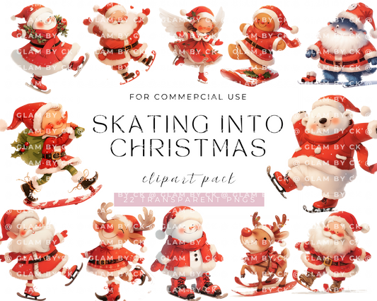 Skating into Christmas Clipart, Cute Santa Claus, Christmas Crafts and Decor | PNG Bundle | Digital Download | Sublimation Pack of Kawaii