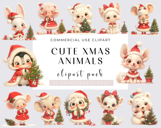 Cute Xmas Animals 24 PNG Clipart Bundle Whimsical Animal, Quirky Animals, Christmas graphics, Silly illustration, Commercial use, Download