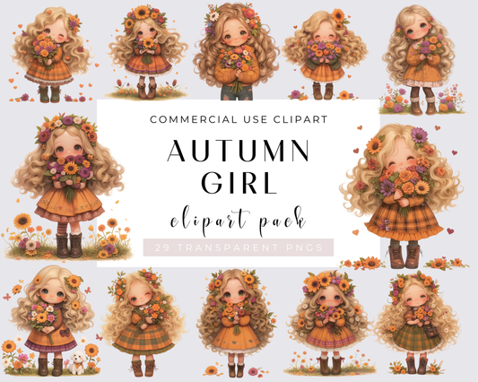 Watercolor Autumn Girls Collection Clipart, 29 PNG Flower Girls Clipart, Thanksgiving, Fall Girls PNG, Cozy Fall, Quirky Girl, Commercial