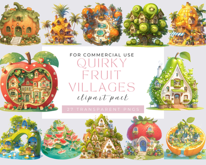 Quirky Fruit Villages clipart Bundle, 27 PNGs Fruits Clipart, Cute Fruits, Fruits illustration, Summer clipart, Commercial, Transparent