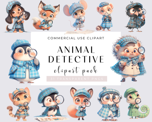 Animal Detective Clipart Collection, Quirky Animal, Whimsical animal Clipart PNG, Watercolor, Commercial Use, Scrapbooking, Card Making