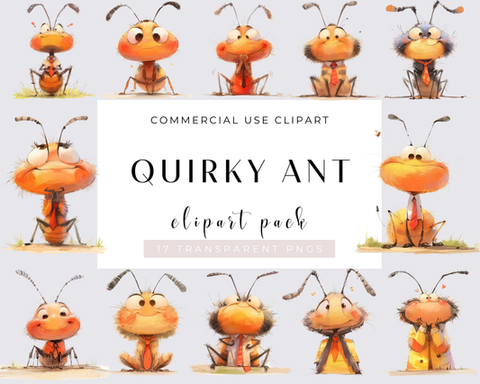 17 Quirky Ant Clipart Bundle, Watercolor Ant, Funny Ant, Silly Ant, Quirky Animals, PNG, Card Making, Wall Art