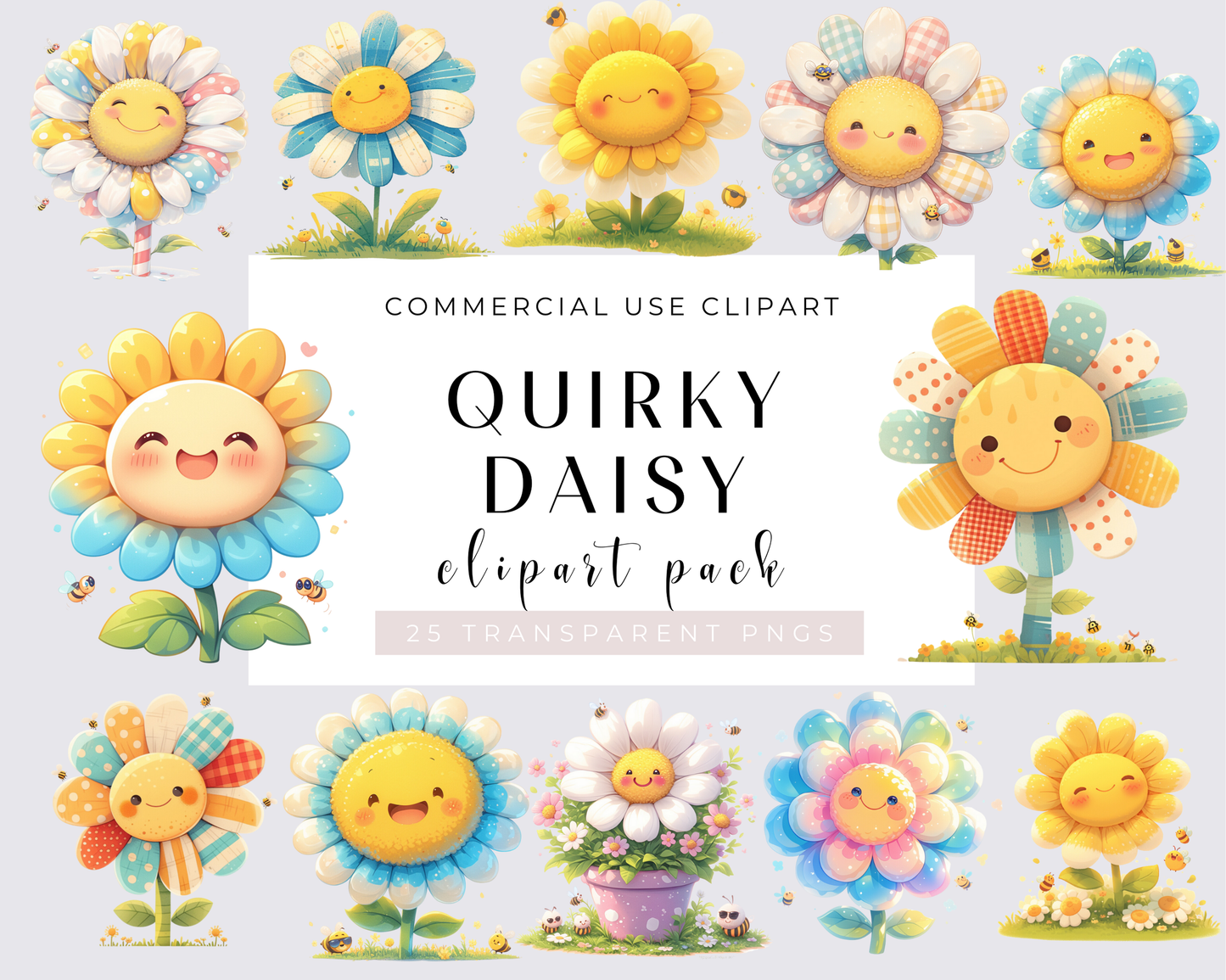 25 Watercolor Quirky Daisy PNG Clipart Bundle, Flower clipart, Quirky clipart, Flowers Illustrations | Commercial Use