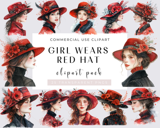 Girl wears red hat Clipart, Commercial Use, Whimsical Ephemera, Watercolor PNGs, Instant Download, Junk Journal, Paper Craft