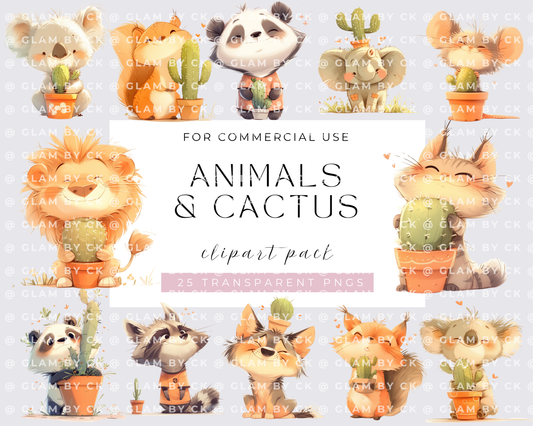 Quirky Animals and cactus Clipart Bundle, Watercolor Animals, PNG, Card Making, Digital Paper Craft, Scrapbooking, Wall Art, Nursery