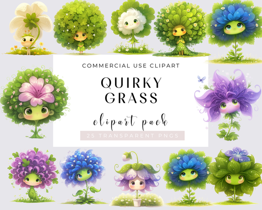 Watercolor Quirky Grass PNG Clipart Bundle, Flower clipart, Quirky clipart, Flowers Illustrations | Commercial Use