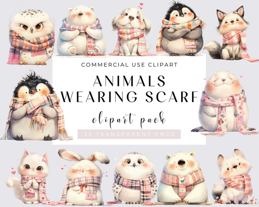 Watercolor Animals wearing Scarf Clipart, Xmas clipart, 35 PNG Animals Clipart, Cute Baby Animals Bundle, Nursery Animals, Commercial Use