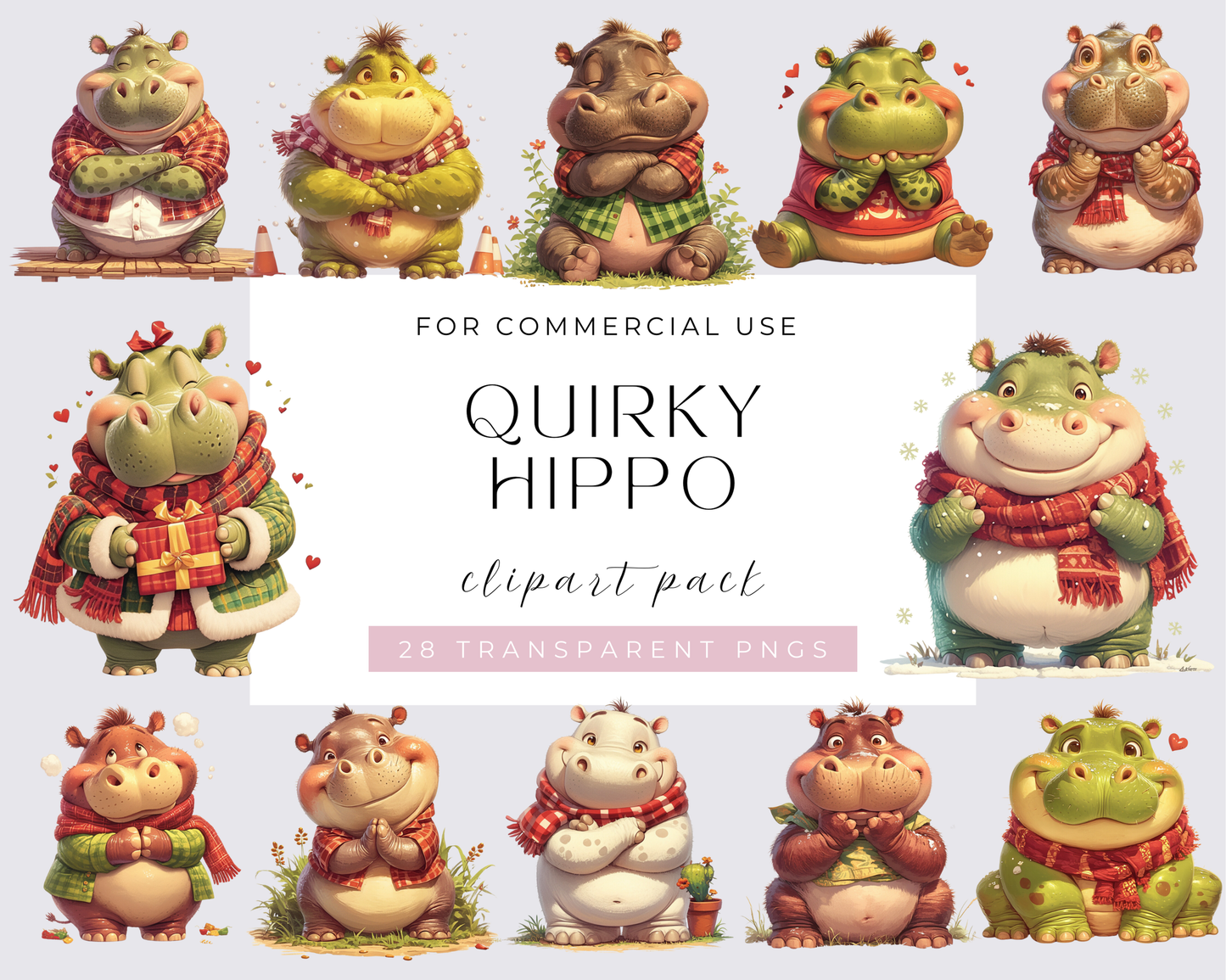 28 Quirky Hippo Clipart Bundle, Watercolor Hippo, PNG, Card Making, Digital Paper Craft, Scrapbooking, Wall Art, Nursery, Quirky Animal