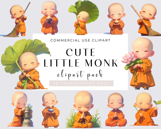 Adorable Little Monk Clipart Pack: Sweet and Peaceful Illustrations for Spiritual and Whimsical Designs, PNG, Card Making, Craft, Wall Art