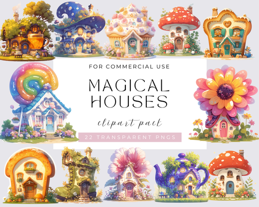 Magical Houses Clipart, Watercolor Whimsical houses,PNGs, Download, Card Making, Mixed Media, Paper Craft, Junk Journals, Wall Art