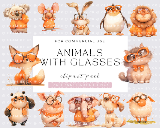 Watercolor Animals wearing glasses Clipart, PNG Animals Clipart, Cute Baby Animals Bundle, Nursery Animals, Commercial