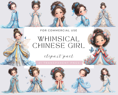 21 Whimsical Chinese Girl Clipart, Quirky Girl, Cute Girl, China, Commercial Use, Whimsical girl, Watercolor PNGs, Instant Download