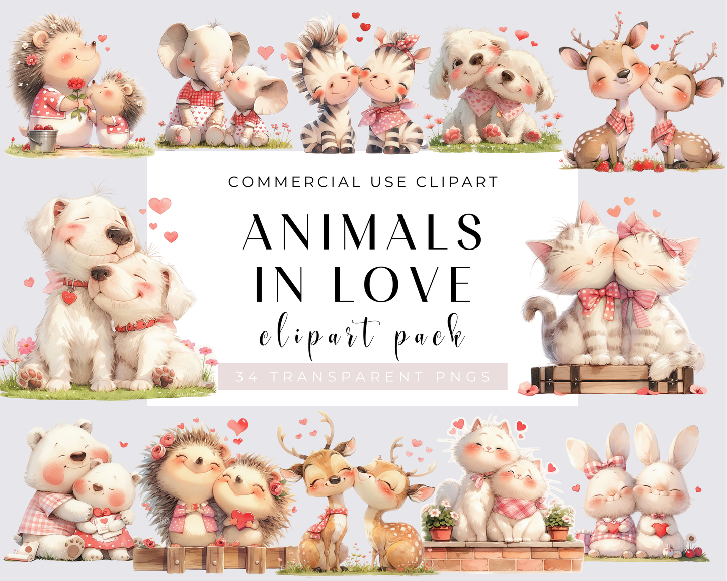 Watercolor Animals in love Clipart, 34 PNG Animals Clipart, Cute Baby Animals Bundle, Nursery Animals, Commercial Use