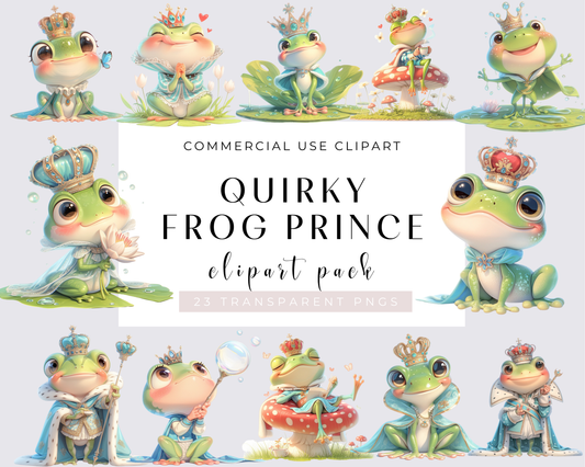 23 Quirky Frog Prince Clipart Bundle, Watercolor Frog, Funny Frog, Funny Animals, Quirky Animals, PNG, Card Making, Craft, Wall Art