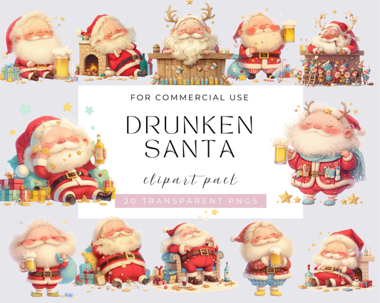 Quirky Drunken Santa Clipart, Cute Santa Claus, Christmas Crafts and Decor | PNG Bundle | Digital Download | Sublimation Pack of Kawaii