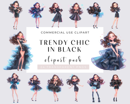 Trendy chick in black Clipart, Glamour Lady, Dress Watercolor Clipart, 24 Transparent PNG, Digital Download, Beautiful Woman, Fashion