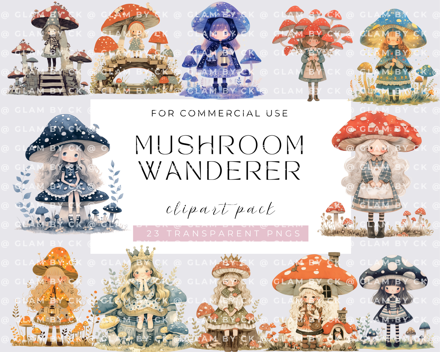 Watercolor Mushroom wanderers Clipart Bundle, PNG, Magic Mystical Mushrooms Clipart, Mystical Mushrooms Clipart, Woodland Clipart