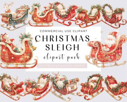 Christmas Sleigh Clipart PNG, Whimsical Santa, Watercolor Christmas Sleigh, Clipart PNG bundle, Winter Clipart Bundle, 20 PNGs, Paper Craft