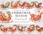 Christmas Sleigh Clipart PNG, Whimsical Santa, Watercolor Christmas Sleigh, Clipart PNG bundle, Winter Clipart Bundle, 20 PNGs, Paper Craft