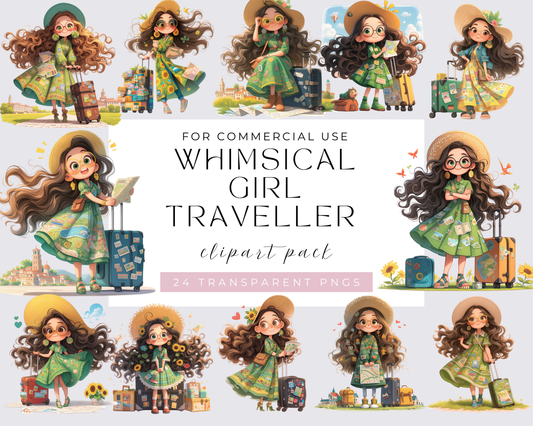 Girl Traveller Clipart, Watercolor Traveller, Bundle, Summer Travel, Travel Essentials, World adventure illustration, Planner