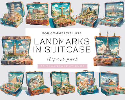 25 Watercolor Landmarks in Suitcase PNG Clipart Bundle, Popular Landmarks Clipart, Eiffel Tower, Taj Mahal, Statue of Liberty, Colosseum Illustrations