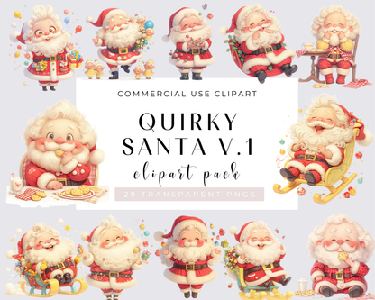 29 Quirky Santa Clipart, Santa Claus Art for Christmas Crafts and Decor | PNG Bundle | Digital Download | Sublimation Pack of Kawaii