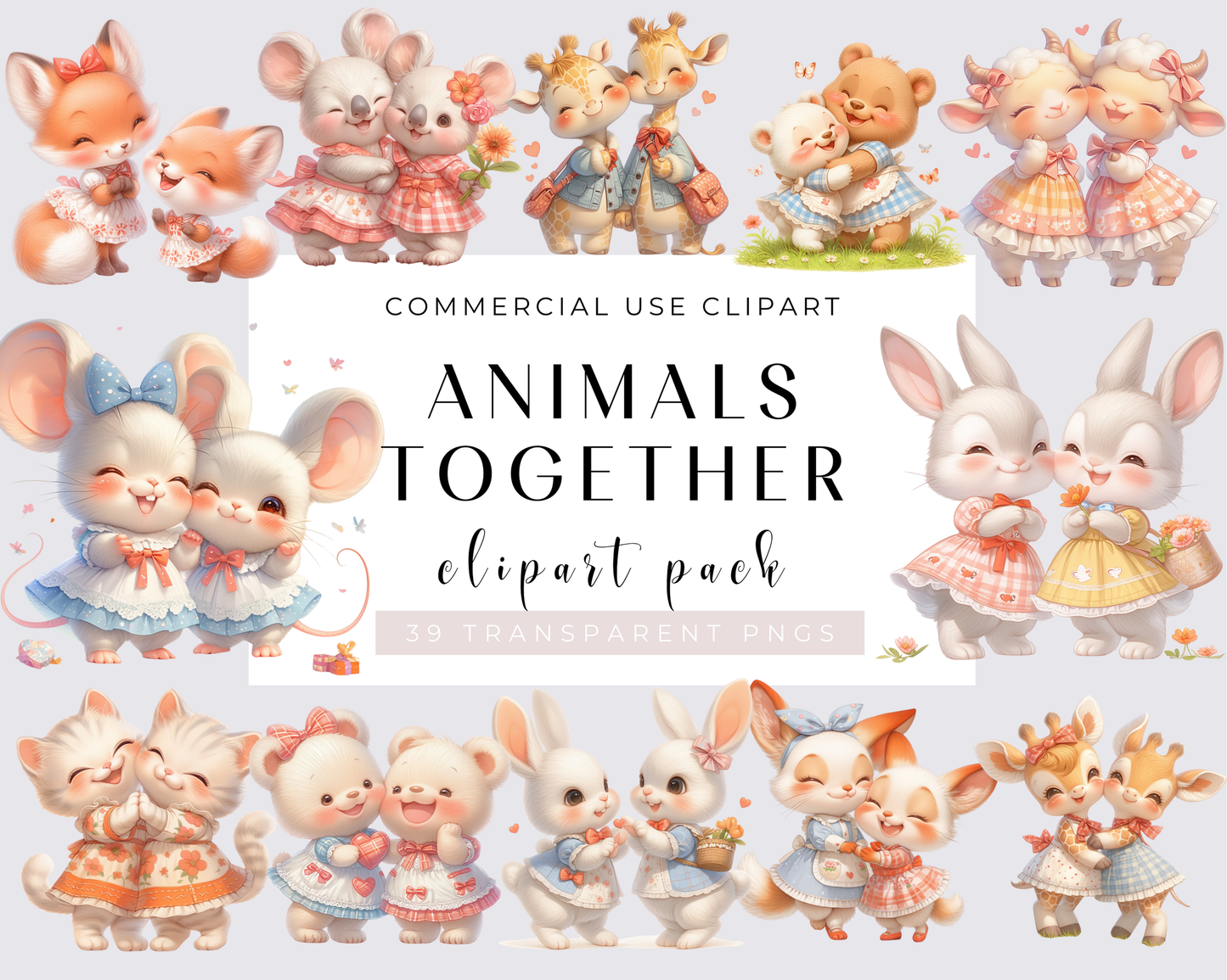 Watercolor Animals together Clipart, 39 PNG Animals Clipart, Cute Baby Animals Bundle, Nursery Animals, Commercial Use, Download