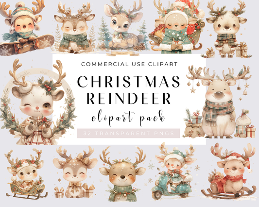 Quirky Christmas Reindeer 32 PNG Clipart Bundle Whimsical Reindeer, Sublimation clipart, Christmas graphics, Silly illustration, Commercial