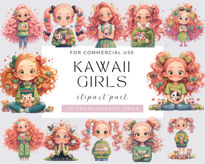 30 Whimsical Kawaii Girls, Funny girl, Quirky girl, Comic girl, Cute girl, Watercolor PNGs, Instant Download, Transparent background