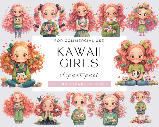 30 Whimsical Kawaii Girls, Funny girl, Quirky girl, Comic girl, Cute girl, Watercolor PNGs, Instant Download, Transparent background