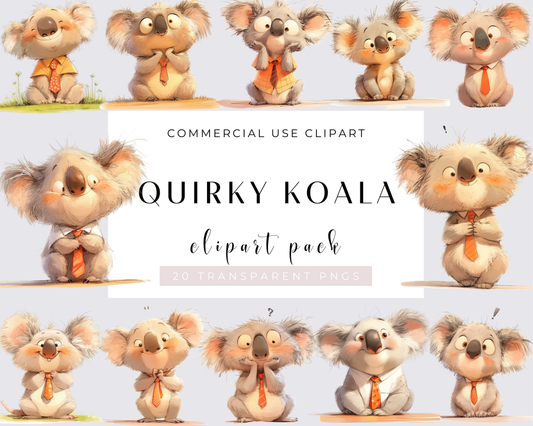 20 Quirky Koala Clipart Bundle, Watercolor Koala, Funny Koala, Silly Koala, Quirky Animals, PNG, Card Making, Wall Art