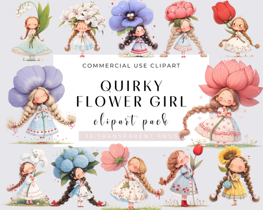 36 Quirky Flower Girl Clipart, Quirky Girl, Whimsical Girl, Commercial Use, Flower girl, Watercolor PNGs, Instant Download, Transparent