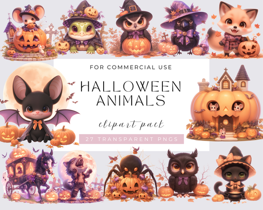 Watercolor Halloween Animals Collection Clipart, 27 PNG Halloween Clipart, Cute animals, Halloween Cat, Commercial Use