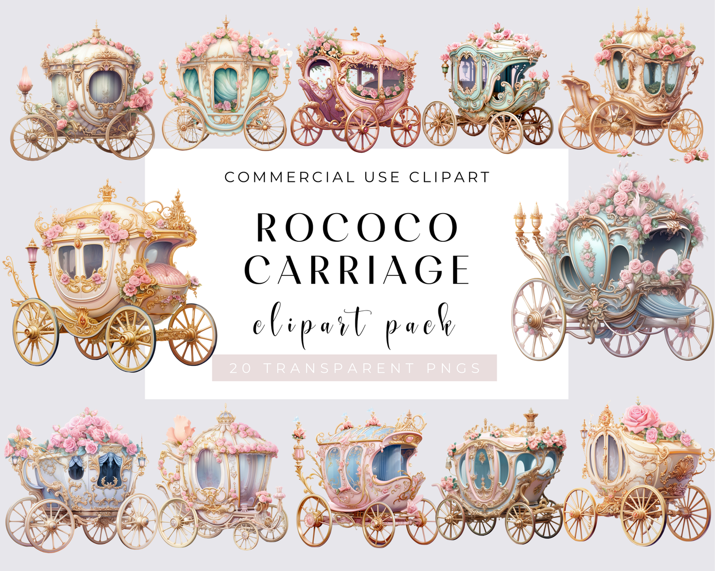 Watercolor Rococo carriage Clipart, Magical, Princess, Royal, Victorian, PNG Graphics, Download, Transparent