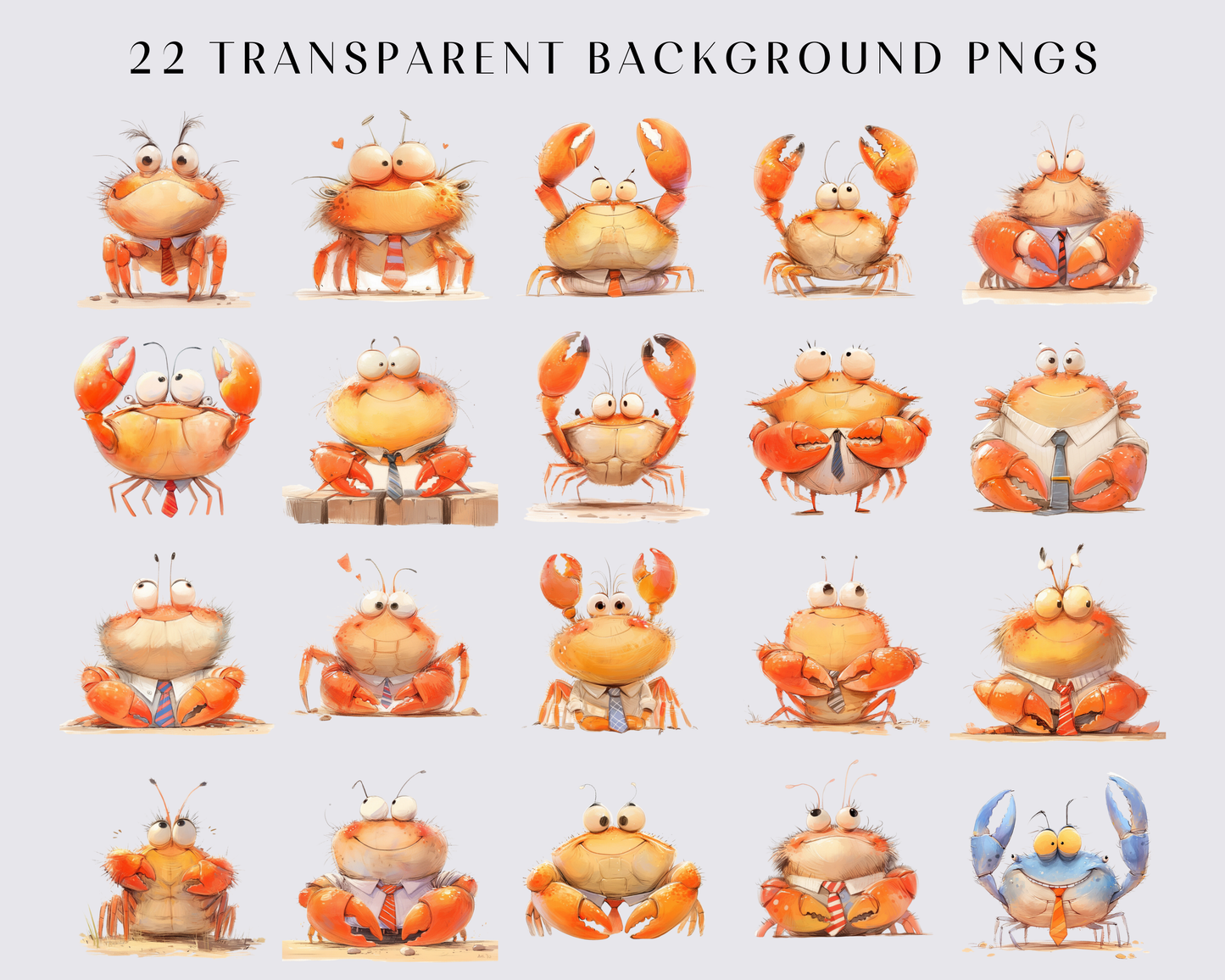 22 Quirky Crab Clipart Bundle, Watercolor Crab, Funny Crab, Silly Crab, Quirky Animals, PNG, Card Making, Wall Art