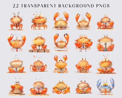 22 Quirky Crab Clipart Bundle, Watercolor Crab, Funny Crab, Silly Crab, Quirky Animals, PNG, Card Making, Wall Art