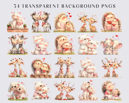 Watercolor Animals in love Clipart, 34 PNG Animals Clipart, Cute Baby Animals Bundle, Nursery Animals, Commercial Use