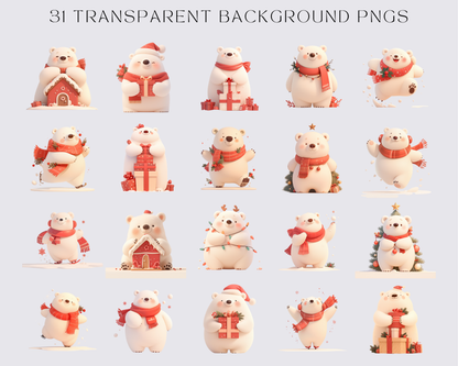 Christmas Polar Bear, Christmas Animals, PNG Clipart Bundle Whimsical Animal, Quirky Animals, Christmas graphics, Xmas illustration, Commercial use, Download