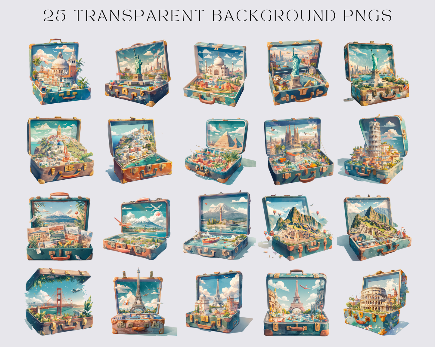 25 Watercolor Landmarks in Suitcase PNG Clipart Bundle, Popular Landmarks Clipart, Eiffel Tower, Taj Mahal, Statue of Liberty, Colosseum Illustrations